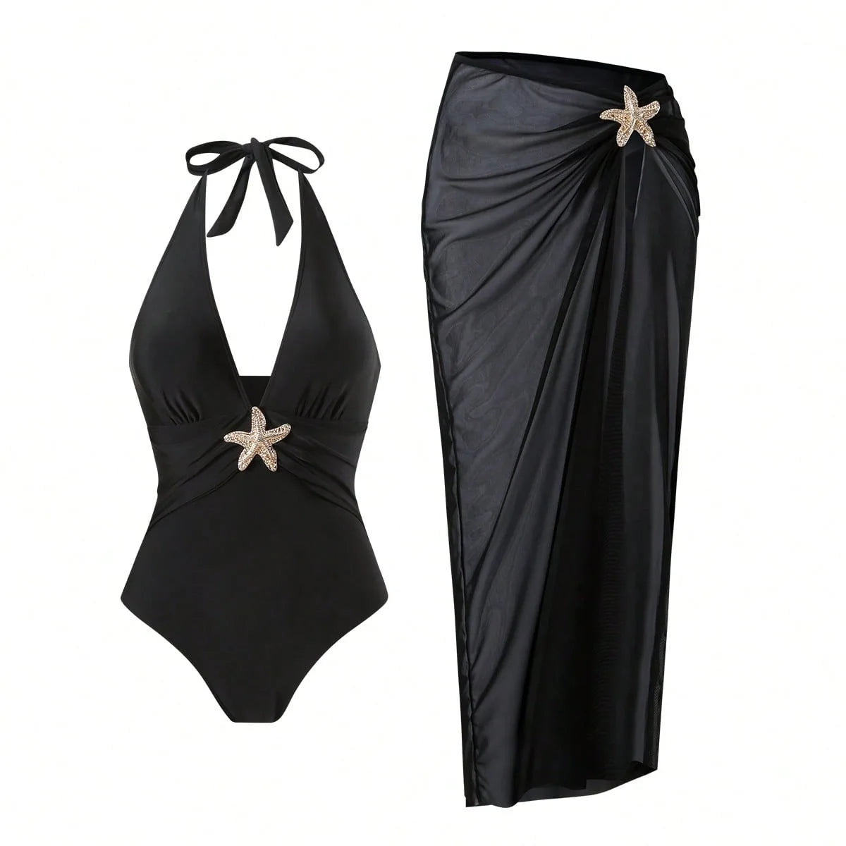 Vintage Black White Long Skirt Swimwear Sets Women Deep V Neck Starfish Hollow Out Bathing Suit Holiday One Piece Swimsuit 2026