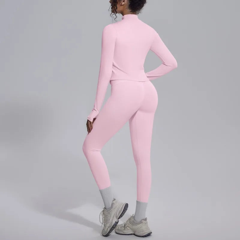 Women's Seamless Yoga Sets Sports Fitness Zipper Long-Sleeve Jacket Slim-fit Hip Lift Pants Suits Workout Training Gym Sets