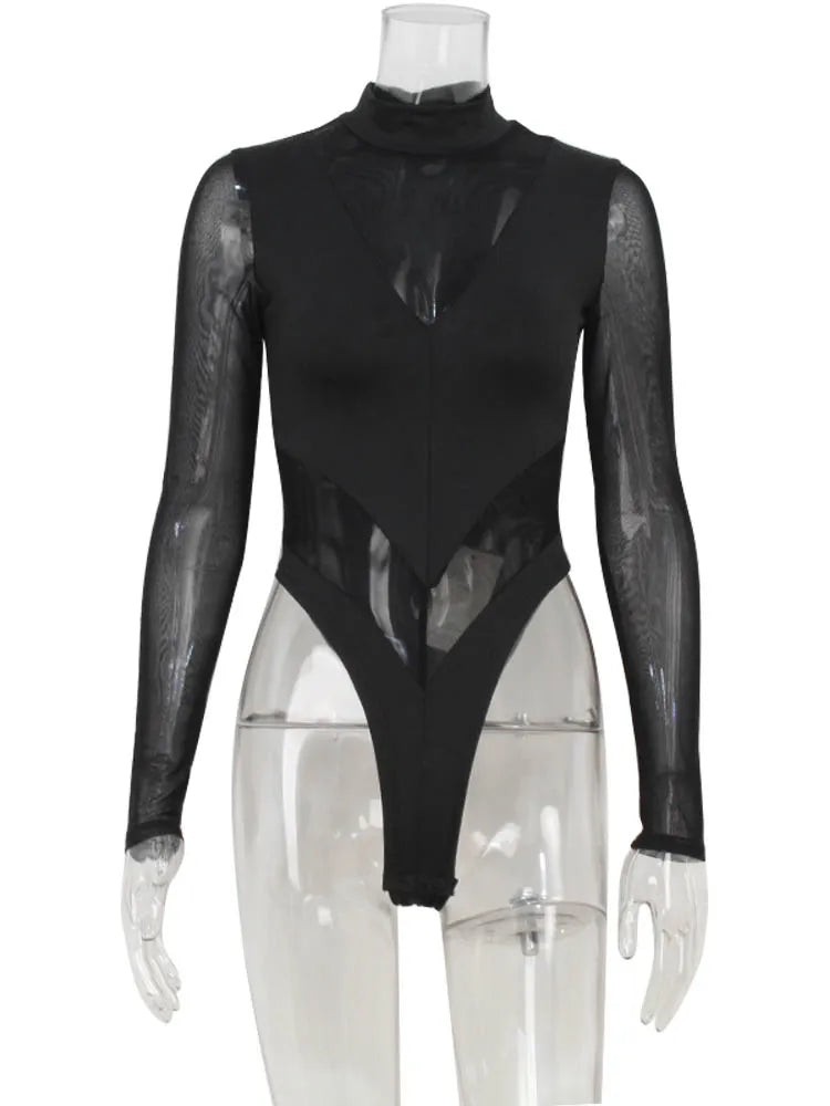 Ahagaga Sexy Mesh Women's Bodysuits See Through Skinny Turtleneck Solid Regular Long Sleeves Slim Fit Streetwear Rompers T Shirt