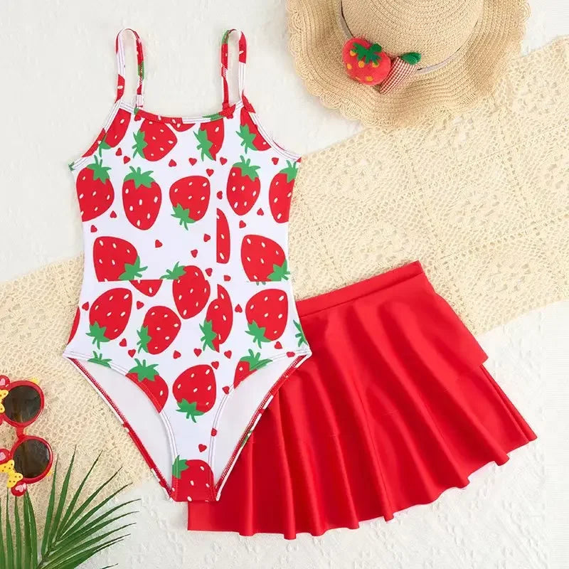 Kids Girls 2-Piece Strawberry Print One Piece Swimsuit & Beach Sarong Cover Up Ruffle Skirts Set 8-12 Years Children's Swimwear