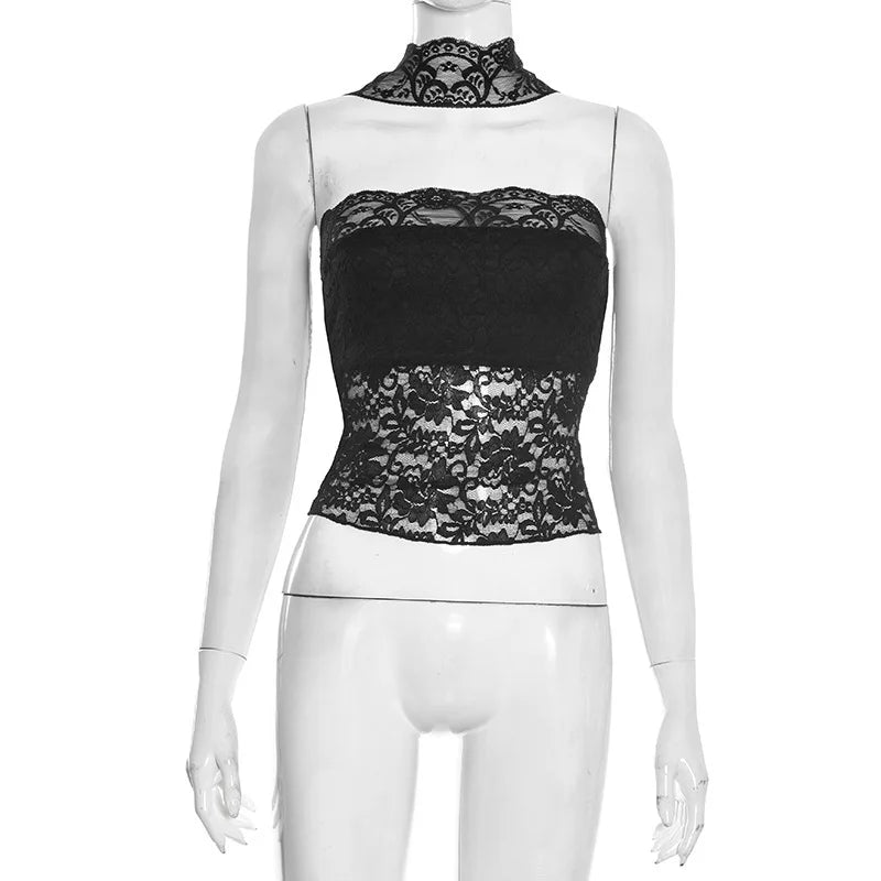 FDYOUI Woman Clothes Summer Bandage Lace Corset T-shirt 2026 Sexy Off Shoulder See-through Crop Tops Evening Party Top Black
