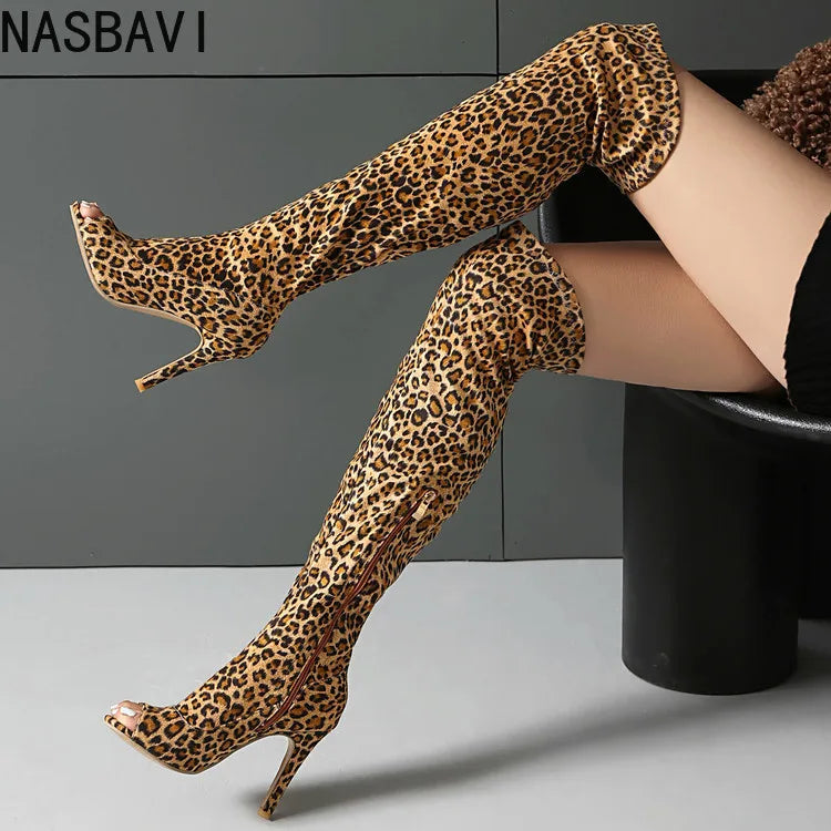 NASBAVI Super High Slim Heel Peep Toe Hollowed Boots Zipper Elastic Boots Leopard Print Flock Material Over The Knee Boots 35-48