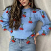 Foridol hand-made cherry sweater women vintage crochet blue pullovers autumn winter streetwear casual oversized sweater 2025