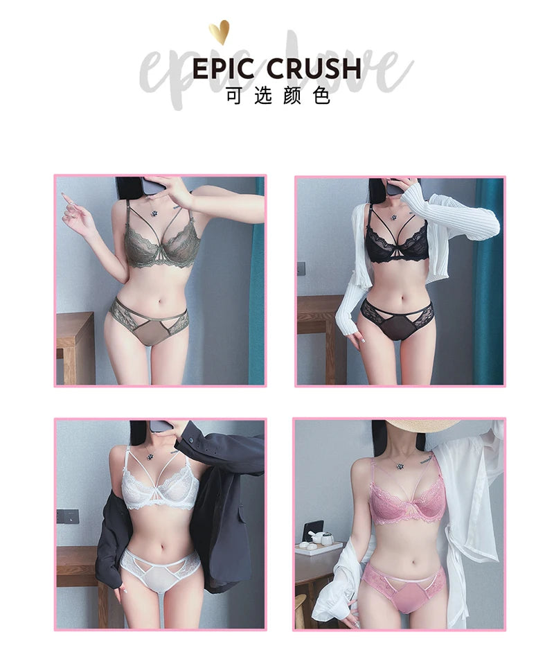 Sexy Lace Bra Set Large Breasts Ultra Thin Full Coverage Push Up Effect Big Cup Supporr Detachable Straps Pure Sensual Underwear