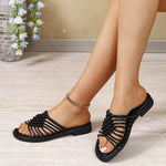 Women's new summer round head hollow breathable open toe flat bottom low heel plus size fish mouth fashion slippers