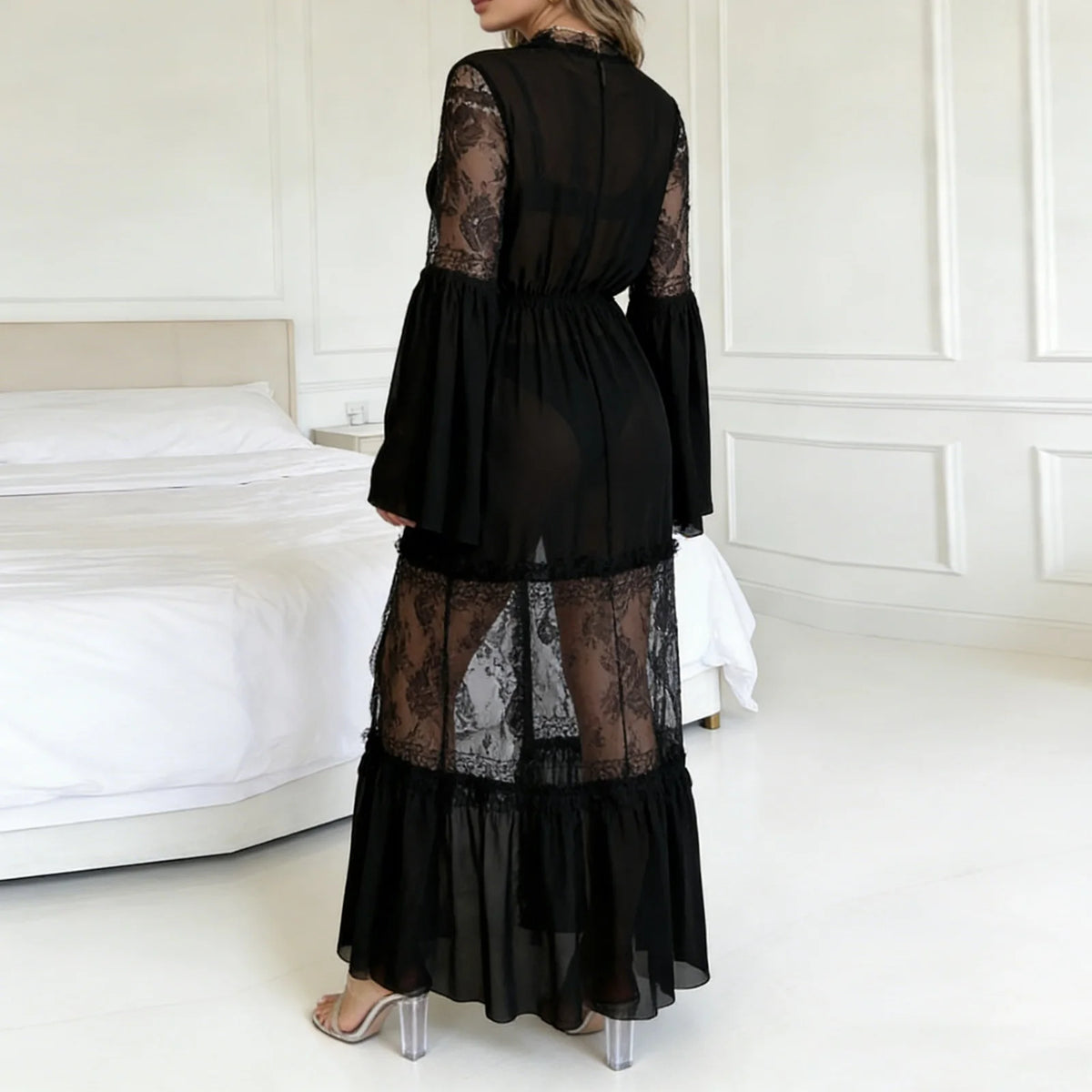 Women Black Sheer Lace Maxi Robe Bell Sleeve V Neck Ruffle Hem Mesh Loungewear Elegant Nightgown Cover Up for Ladies