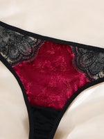 Limited edition retro Hong Kong style red and black velvet lingerie set - see-through lace trimmed bra+thong underwear ZA825166
