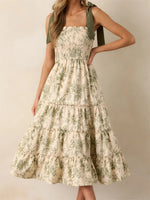 Women's Summer Floral Print Dresses Stylish Ruffled Trim Smocked Sleeveless Tie-Shoulder A-Line Dress
