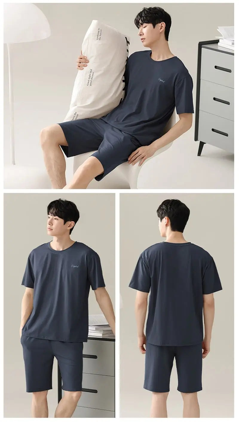 Men's Solid Pajama Plus Size Short Sleeve Round Neck Tee And Shorts Breathable Loose Fit Sleepwear Loungewear Summer Fashion Pjs