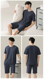 Men's Solid Pajama Plus Size Short Sleeve Round Neck Tee And Shorts Breathable Loose Fit Sleepwear Loungewear Summer Fashion Pjs