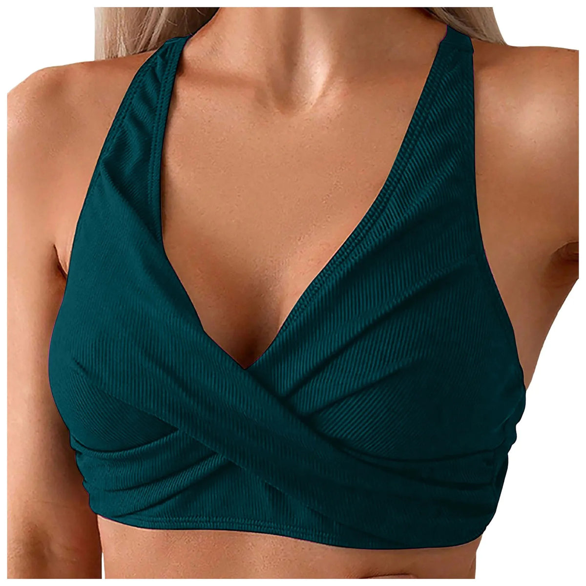 Womens Ribbed Knit Cross Front Bikini Top Racerback Padded Swim Tops Crop Style Bathing Suit Bikini Bra For Summer Beach Pool