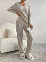 New autumn and winter women's sleepwear fashionable home wear casual straight leg pants loose V-neck knitted sweater best-seller
