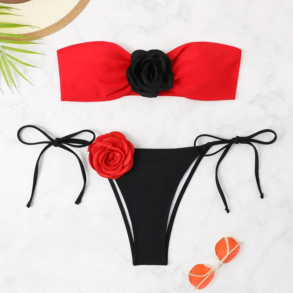 Sexy Bikini Set 2025 Bandeau 3D Flower White Black Contrast Push Up Micro Swimsuit Brazilian Cut Out Bathing Suit Thong Swimwear