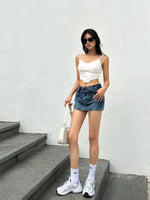 WOMENGAGA Korean Style Spicy Girl Denim Half Body Short Skirt Female Slim Tight Ultra Short A-line Slim Hip Skorts Fashion 3POJ
