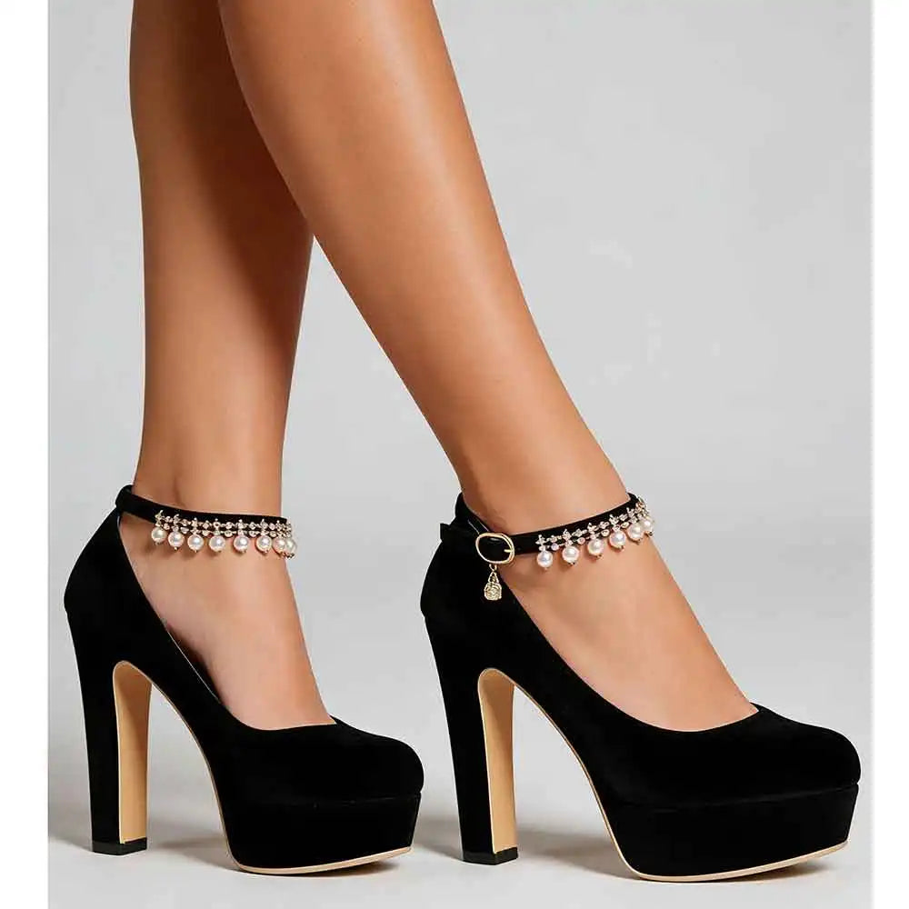 2026 Big Size 33-43 Classic Black Office Lady Beading Ankle Strap Platform Pumps Elegant Red 12cm Party High Heels Shoes Women