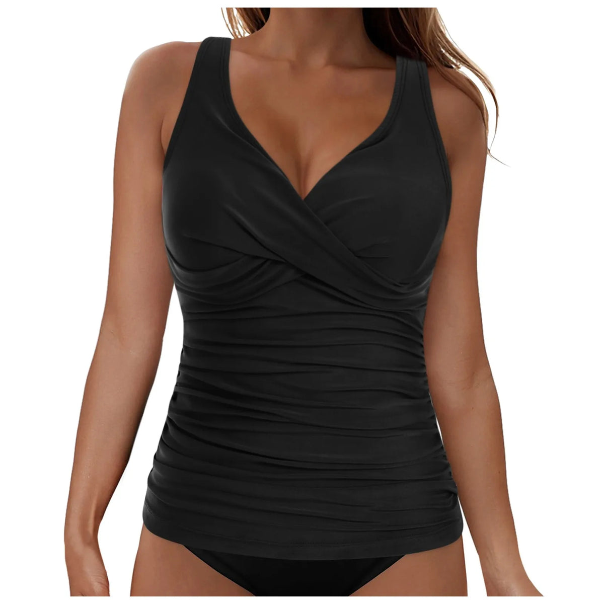 Women's Removable Padded Tankini Top V Neck Waist Defining Ruffled Separate Swimsuit Top Ruched Support Bathing Suit Swim Top