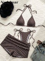 S - XL With Shorts Polka Dot Halter Bikini Female Swimsuit Women Swimwear Three-pieces Bikini Set Bather Bathing Suit Swim V8292