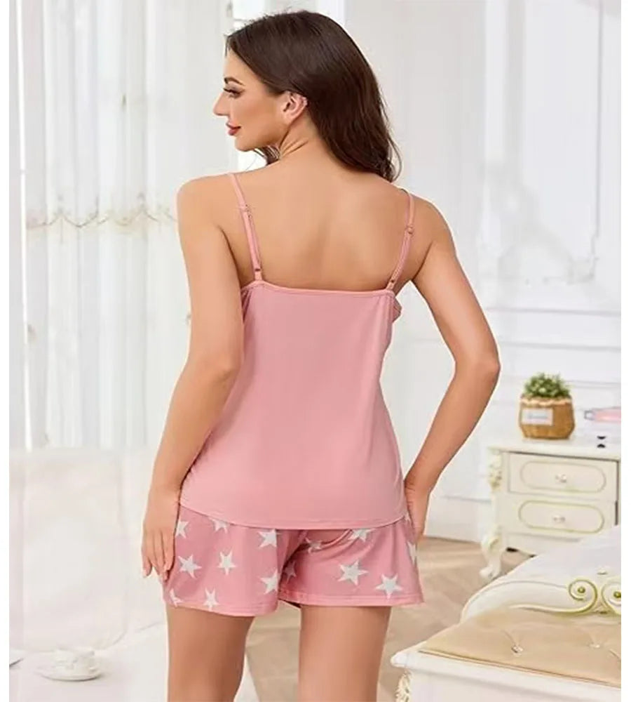 2025 New Womens Cute Star Print Pajama Set Lace Trim V Neck Cami Top and Shorts Two Piece Sleepwear Loungewear Summer Hot