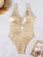 Golden Sparkling Deep V Neck Female Swimwear One Piece Swimsuit Women Backless Monokini High Leg Cut Bathing Suit Swim Beachwear