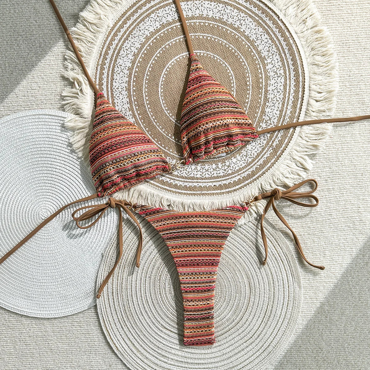 Sexy Coffee Striped Micro Bikini Set 2026 Women Halter Push Up Bra Bandage Thong Swimsuit Summer Bathing Suit Holiday Swimwear