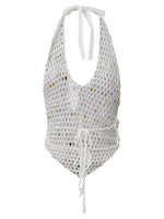 Women Halter Neck Sleeveless Crochet Hollow Out Sequin Seashell Decor Crop Vest Summer Tank Tops for Vacation Beach