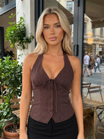 Women Retro Tank Tops Tie-up Sleeveless V Neck Halter Button Up Slim Fit Tops Striped Summer Vest for Club Party