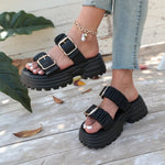 Women Platform Slide Sandals Double Buckle Open Toe Casual Beach Summer Slides Lightweight Comfortable Thick Sole Slippers