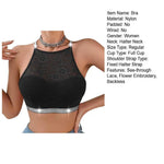 Women Vest Bra See-through Halter Neck Flower Backless Sports Style Knitted Elastic Crop Top Bra for Yoga Gym Running