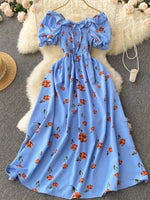 2025 Summer French Vintage Floral Dress Fashion Elegant High-Waisted Drawstring Vestidos Printed Fresh And Sweet Long Dresses