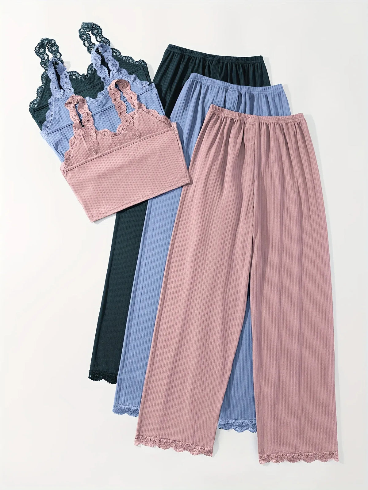 Women Ribbed Pajama Set Lace Trim Cami Top and Pants Sleepwear Soft Breathable Button Front Loungewear