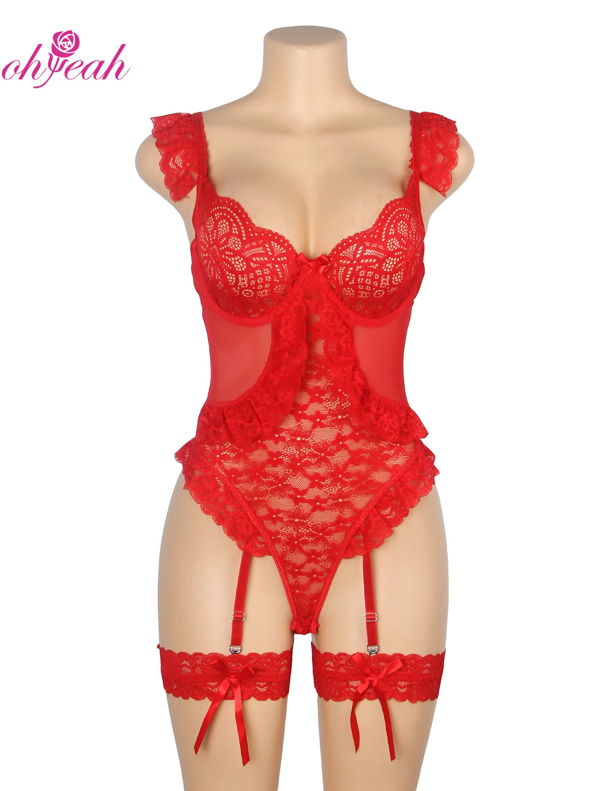 Plus Size Sheer Mesh Teddy Bodysuit for Women Sexy Lace Lingerie Set with Adjustable Garter Belt Curvy Nightwear Romantic Outfit