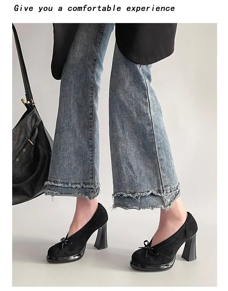 Spring Autumn Platform Mary Jane Shoes Women Thick High Heels Shoes Vintage Slip on Butterfly-knot Pumps 2026 New