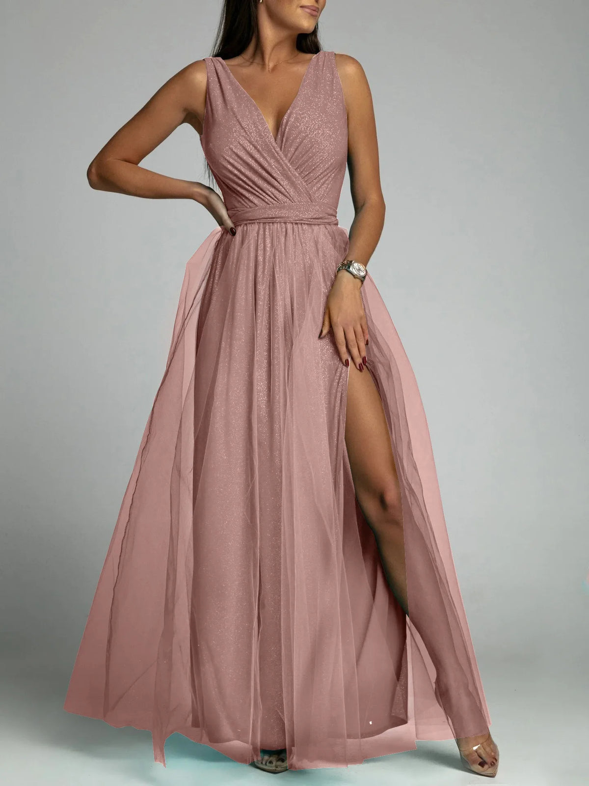 Elegant Solid Color Fine Sparkle Party Dresses Women Temperament V-neck Leace-up Mesh Slit Long Dress Evening Vestidos Female