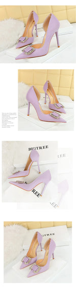 BIGTREE Pumps Elegant Pointed Crystal Buckle Slim High Heel Single Shoes Women Silk Spring/Summer High Heel Pumps Wedding Dress