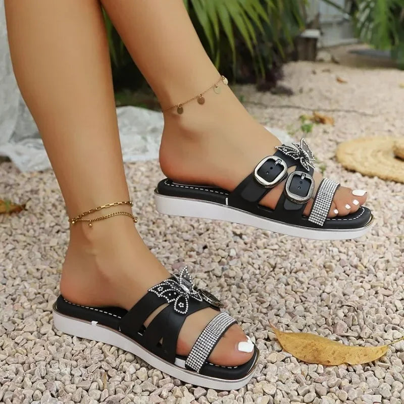 Slippers Women Platform Outside Wear Summer New Round Toe Metal Buckle Beach Sandals