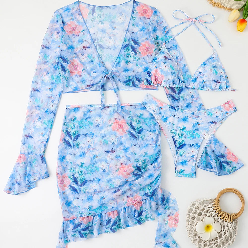 4 Pieces String Bikinis 2026 Women Sexy Swimwear Female Floral Swimsuit Bathers Bathing Swimming Swim Suit Beachwear Summer