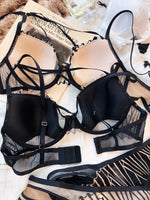 Sexy Hollow Push Up Bra Set French Thin Cup Underwear Women Classic Bandage Brassiere Black Temptation Lingerie Panties SetS