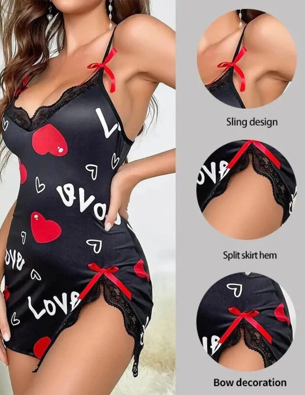 New Sexy Black Nightgown for Women Red HeartLove Print Satin Lace Trim Mini Chemise Adjustable Spaghetti Strap Lingerie