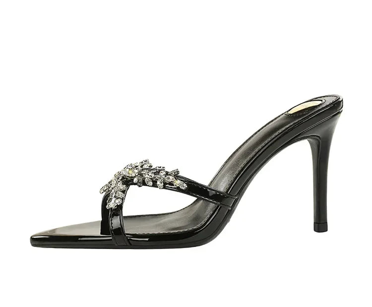 Water Diamond Women's Sandals Summer Cross Band High Heel Slip-On Shoes Leather Material Anti-Slip Rubber Sole Casual Style
