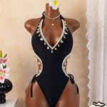 DEKA Sexy Black Shell Starfish Ornament One Piece Swimsuit Women Deep V Neck Hollow Out Backless Bathing Suit Holiday Swimwear
