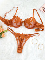 GOLD Floral Embroidery Satin Lingerie Set Sheer Mesh Underwire Bra & Thong Women Sexy Intimates ZA824031