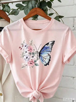 1-Piece Set--Women's Round Neck Chrysanthemum Floral Print T-Shirt Top, Fashion Anti-Wrinkle Cotton T-Shirt
