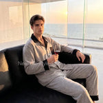 Couple Dralon Pajama Set, Autumn Winter Long Sleeve Long Pants Two Piece Outfit, Soft Skin Friendly Warm Loungewear Men Women