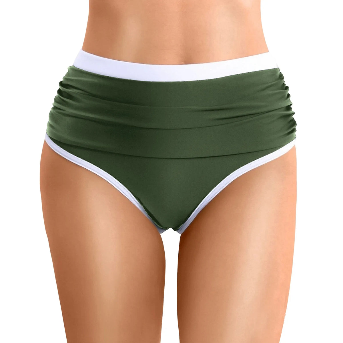 Womens Contrast Trim High Waisted Swim Bottoms Ruched Tummy Control Bathing Suit Modest Swim Shorts For Beach Surfing Swimming