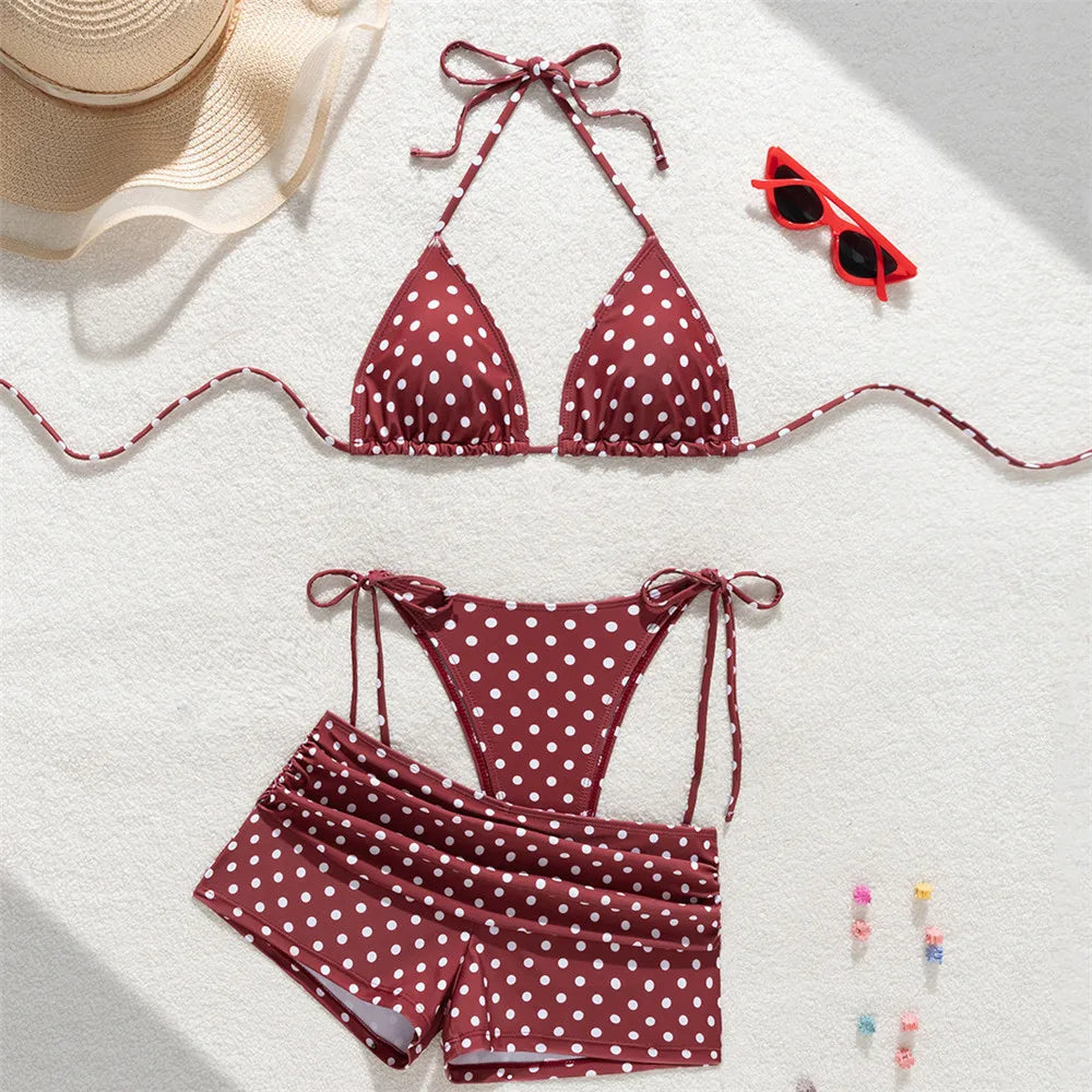 White Dot Print Micro Thong 3 Piece Bikinis Sets Bottoms Shorts Swimwear Sexy Swimsuit Woman 2026 Halter String Triangle Bikini