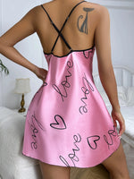 Heart Print Nightdress Elegant Scoop Neck Criss Cross Back Sleep Dress Women's Sleepwear