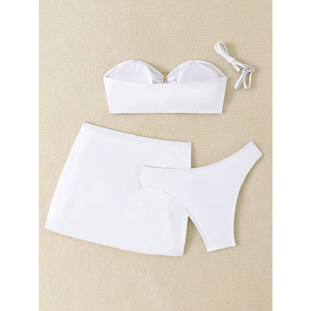 New White 3 Pieces Starfish Bandeau Bikini Set Swimsuit Women Swimwear with Sarong Skirts Dress Beach Wear Cut Out Bathing Suit