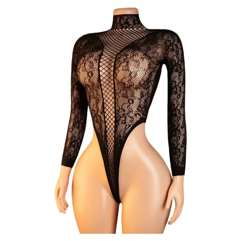 Sexy Lingerie Mesh Backless Open Bra Body Suits Erotic CostumeSee Through Hollow Full Sleeves Jumpsuit Black Plus Size Underwear
