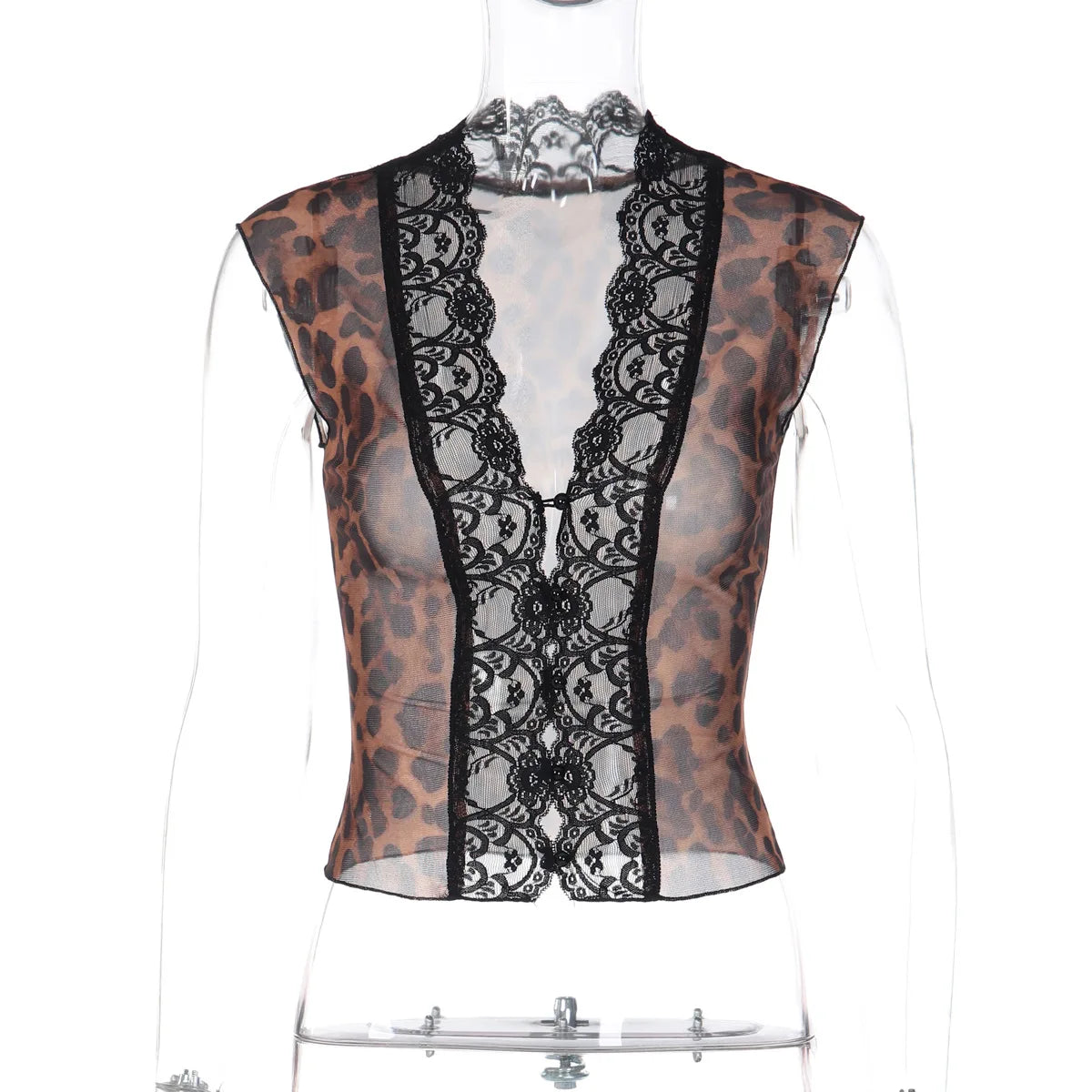 FDYOUI Women's Deep V-neck Lace Patchwork Mesh T-shirts 2026 Summer Sexy Sleeveless Buttons Leopard Tops Tee Shirt Streetwear