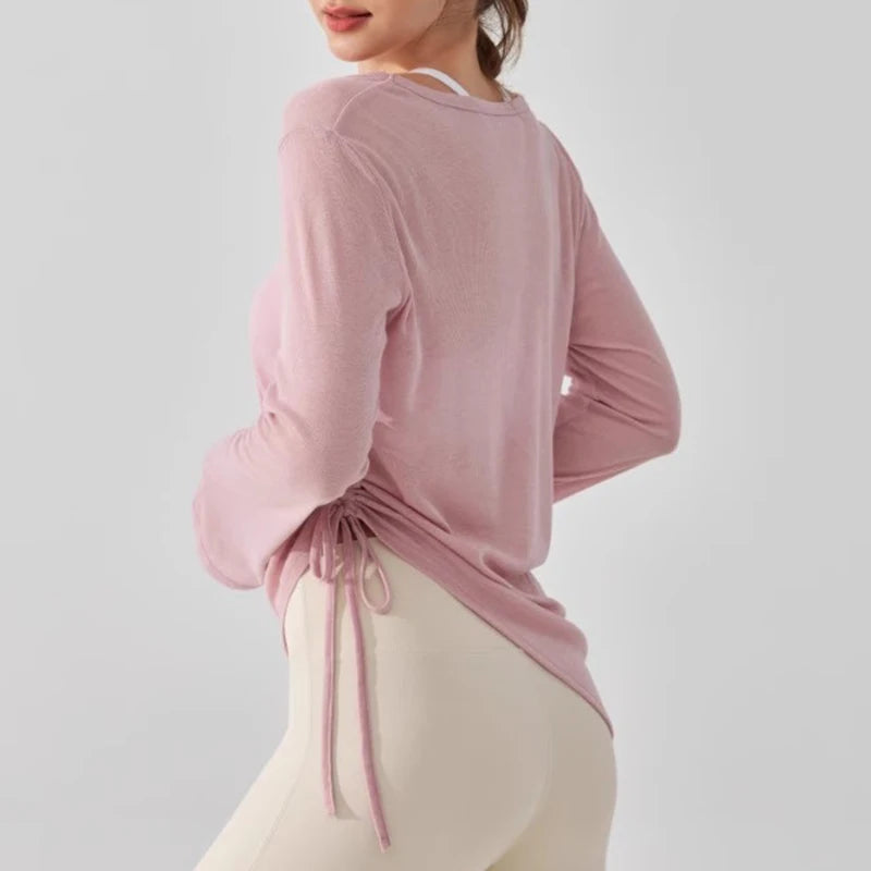 Women's Yoga Sports T-Shirt Drawstring Light Thin Loose Fit Irregular Hem Long Sleeve Fitness Cover Shirt